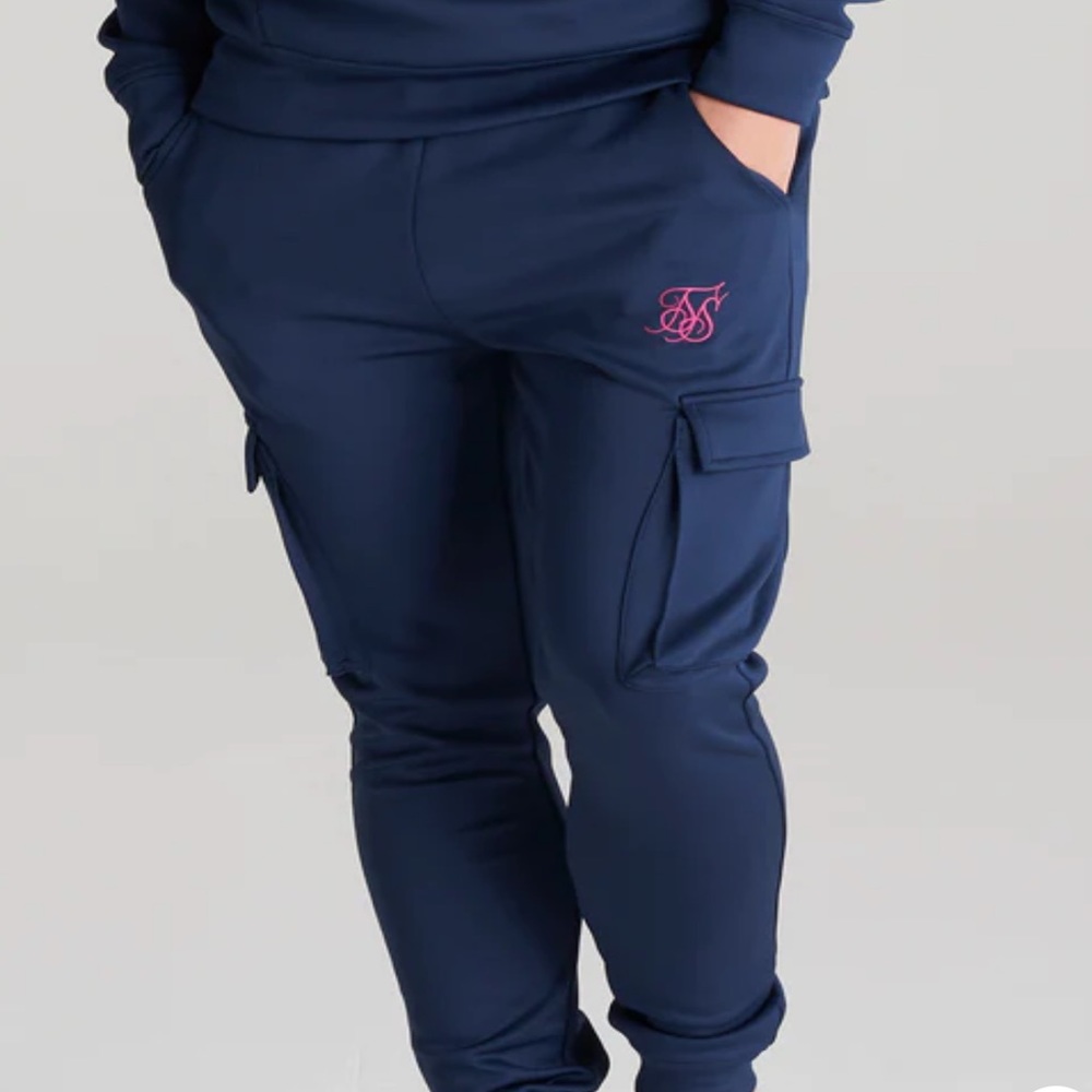 SikSilk Boys Covert Cargo Joggers in Navy w/Pink Logo 11/12 Years